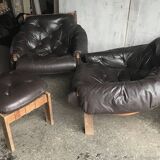 Mid-Century Brown Tufted Leather Armchairs & Ottoman in the Style of Percival Lafer, 1960s, Set of 3