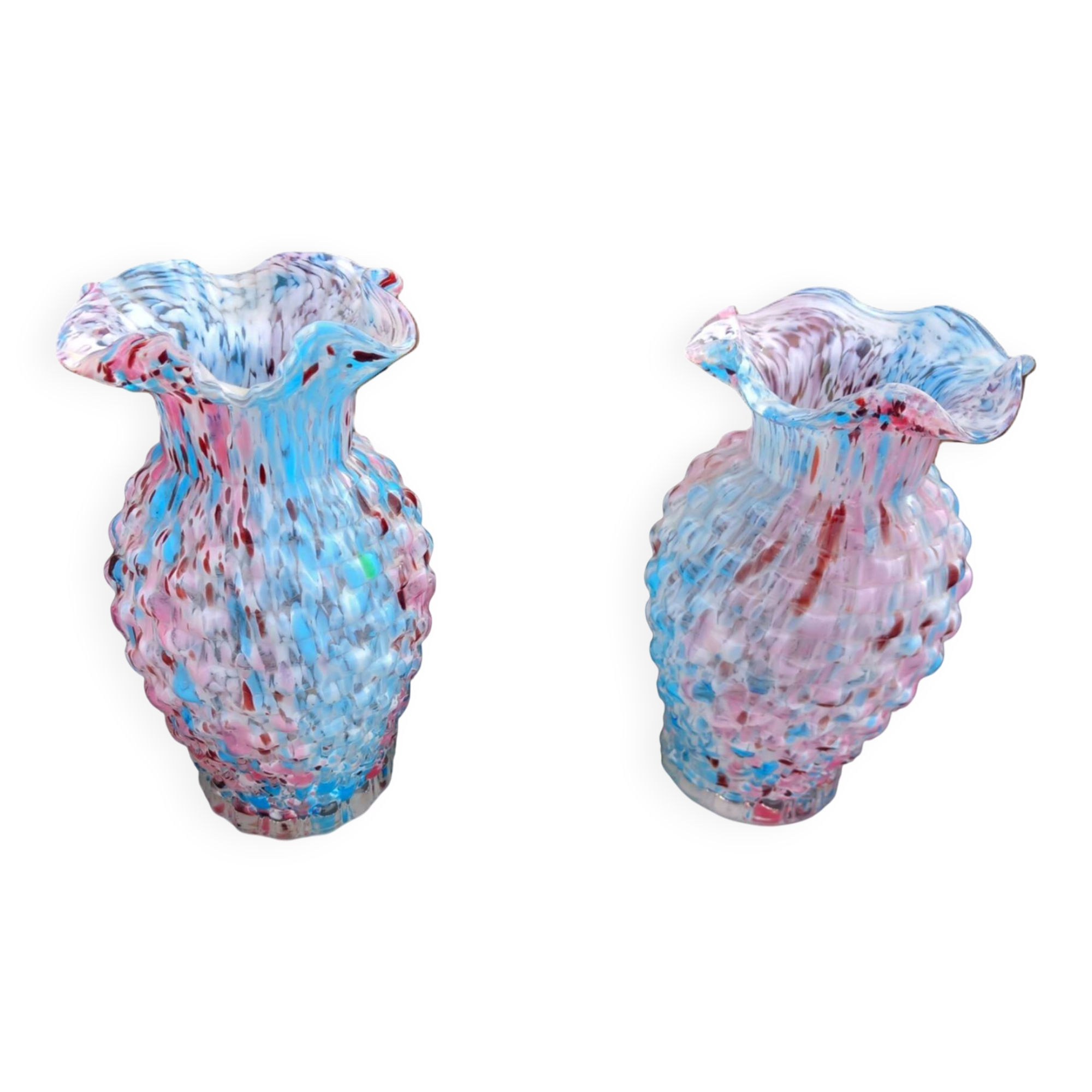 2 anciens vases en verre jaspé, dits style Clichy