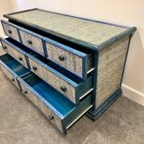 Commode vintage en rotin bleu par Maugrion, France 1970
