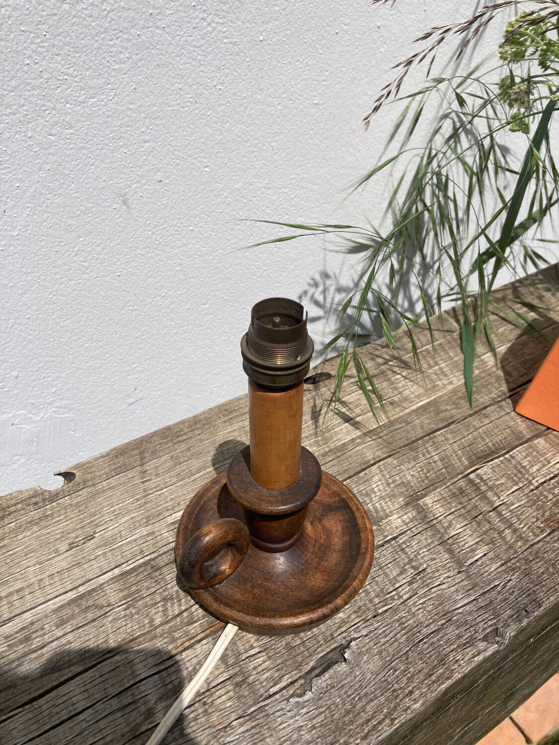 Wooden table lamp and vintage orange lampshade candle holder style