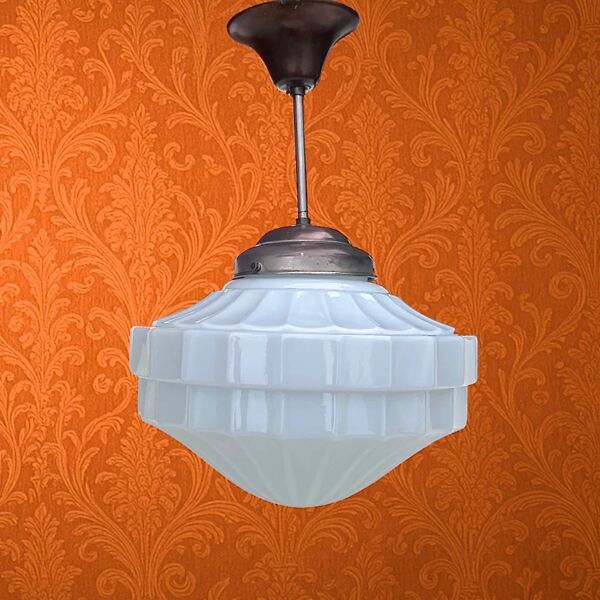 Suspension art déco - opaline blanche et métal - luminaire ancien - globe verre