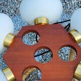 Scandinavian teak and white opaline chandelier with 6 lights from the 70s