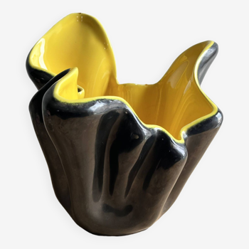 Vase coupe mouchoir vintage esprit Elchinger céramique noire et jaune
