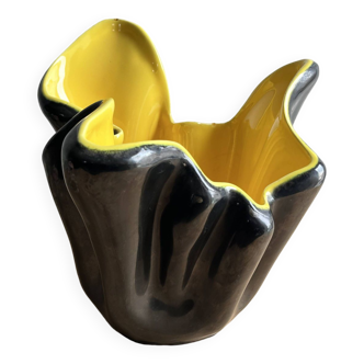 Vase coupe mouchoir vintage esprit Elchinger céramique noire et jaune