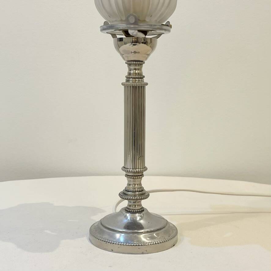 Empire chrome and opaline tulip pleated antique Art Deco bedside lamp