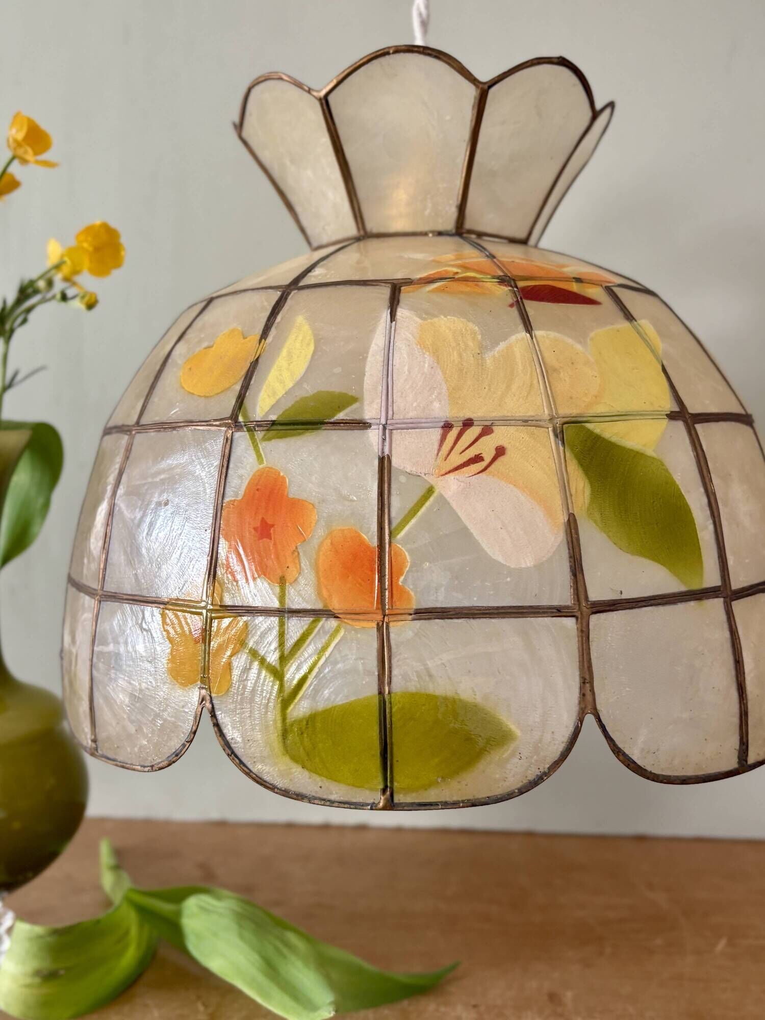 Vintage mother-of-pearl and brass lampshade pendant light with flower decorations