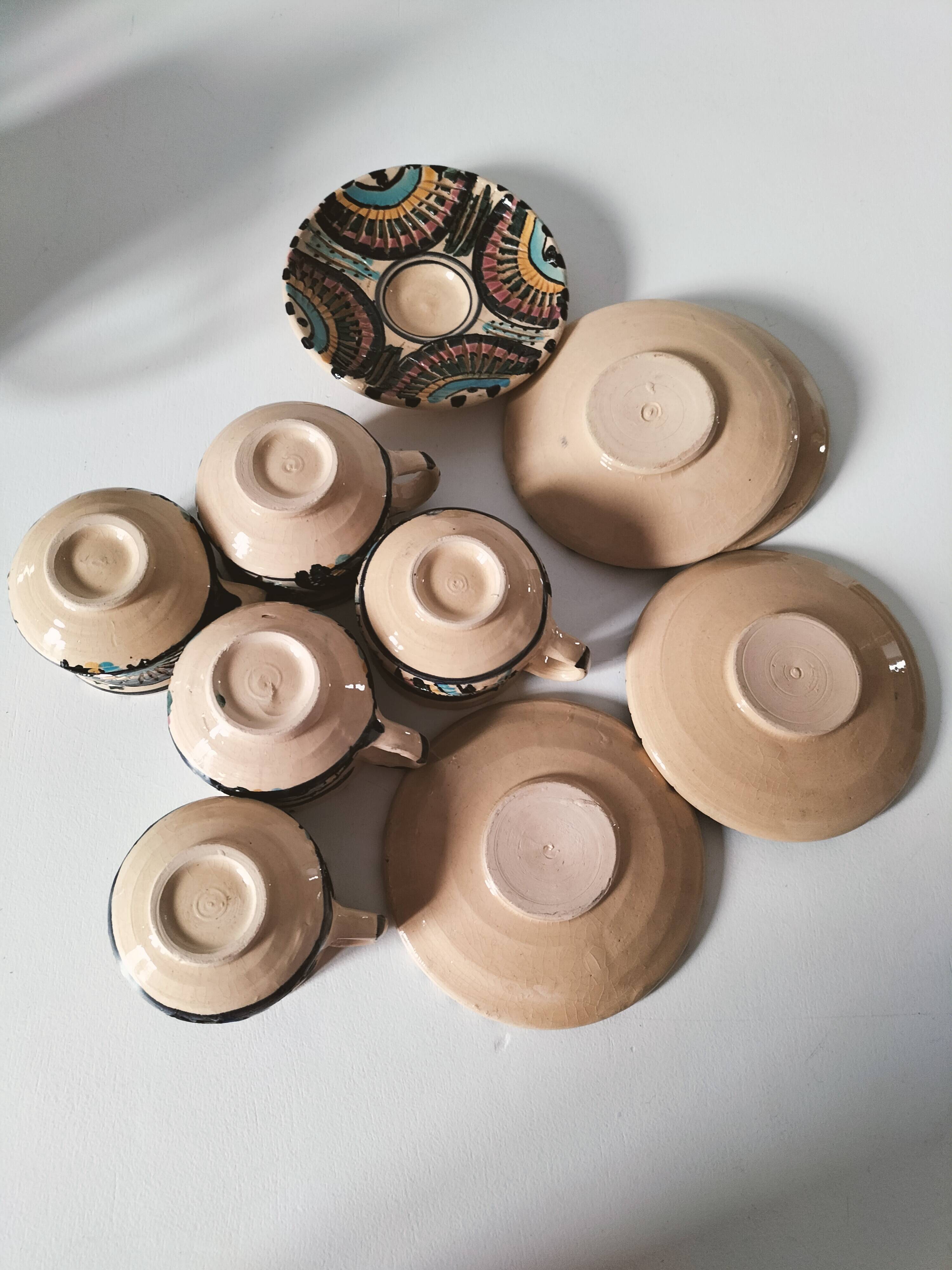 Vintage Moroccan tea set, teapot and 6 cups and saucers