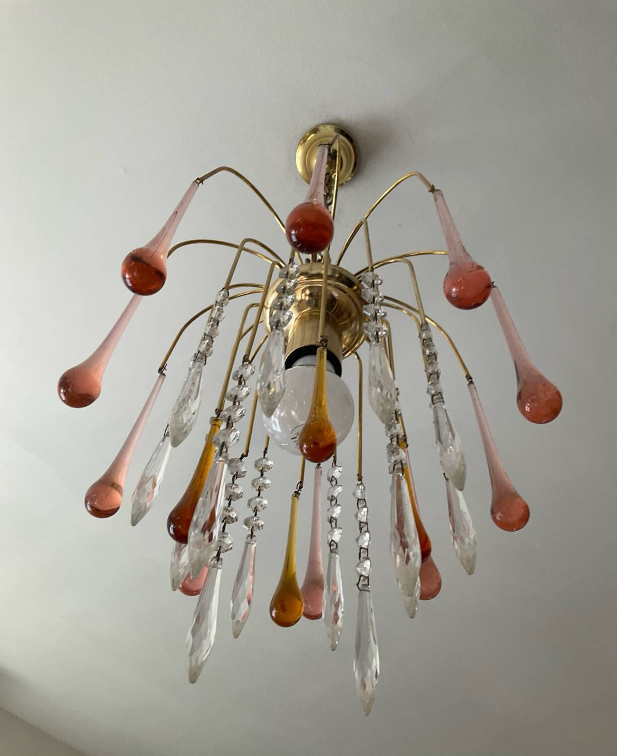 Vintage brass chandelier with glass drop pendants