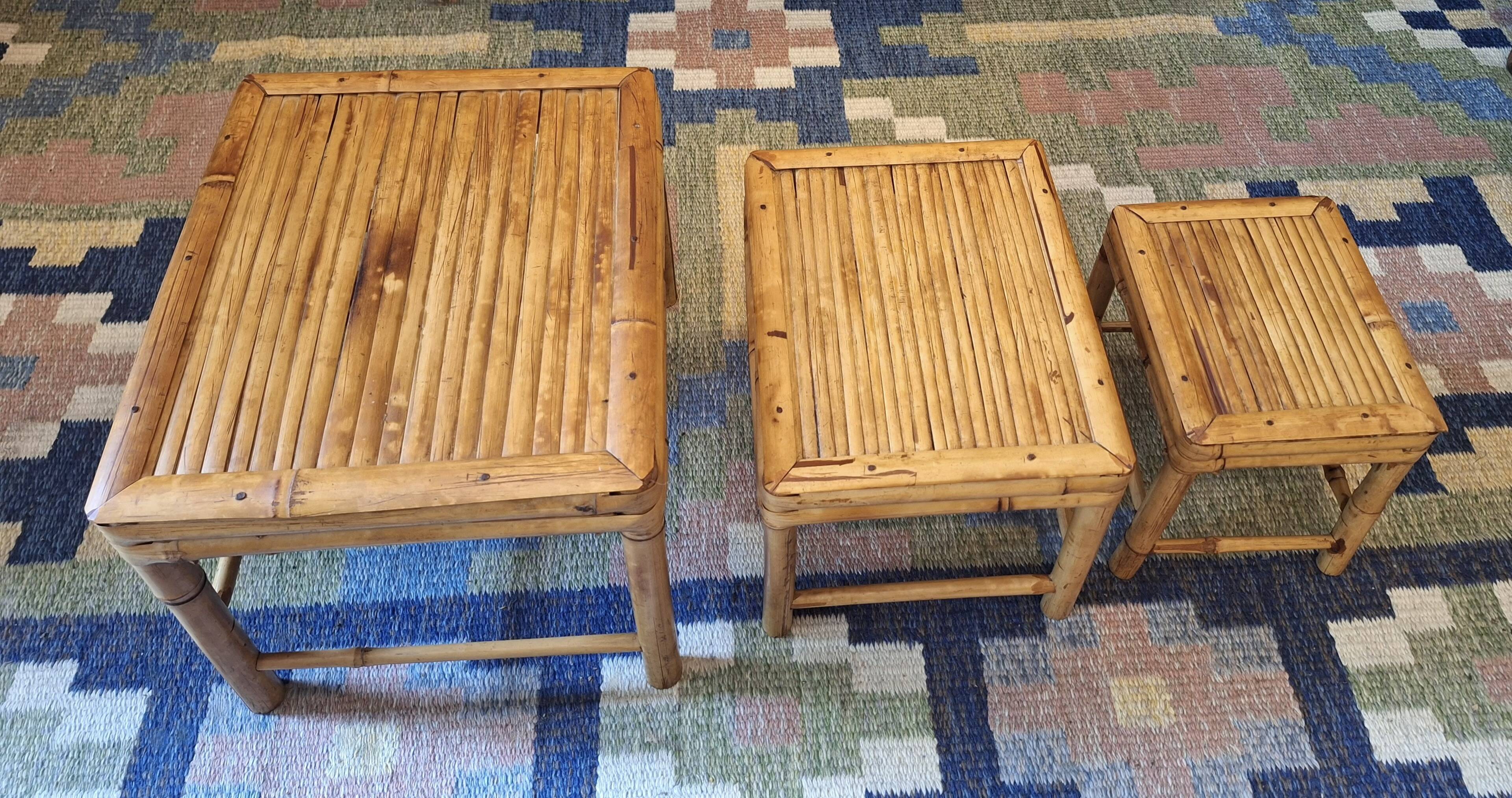 Mid century nest of 3 patinated bamboo tables, 1960s