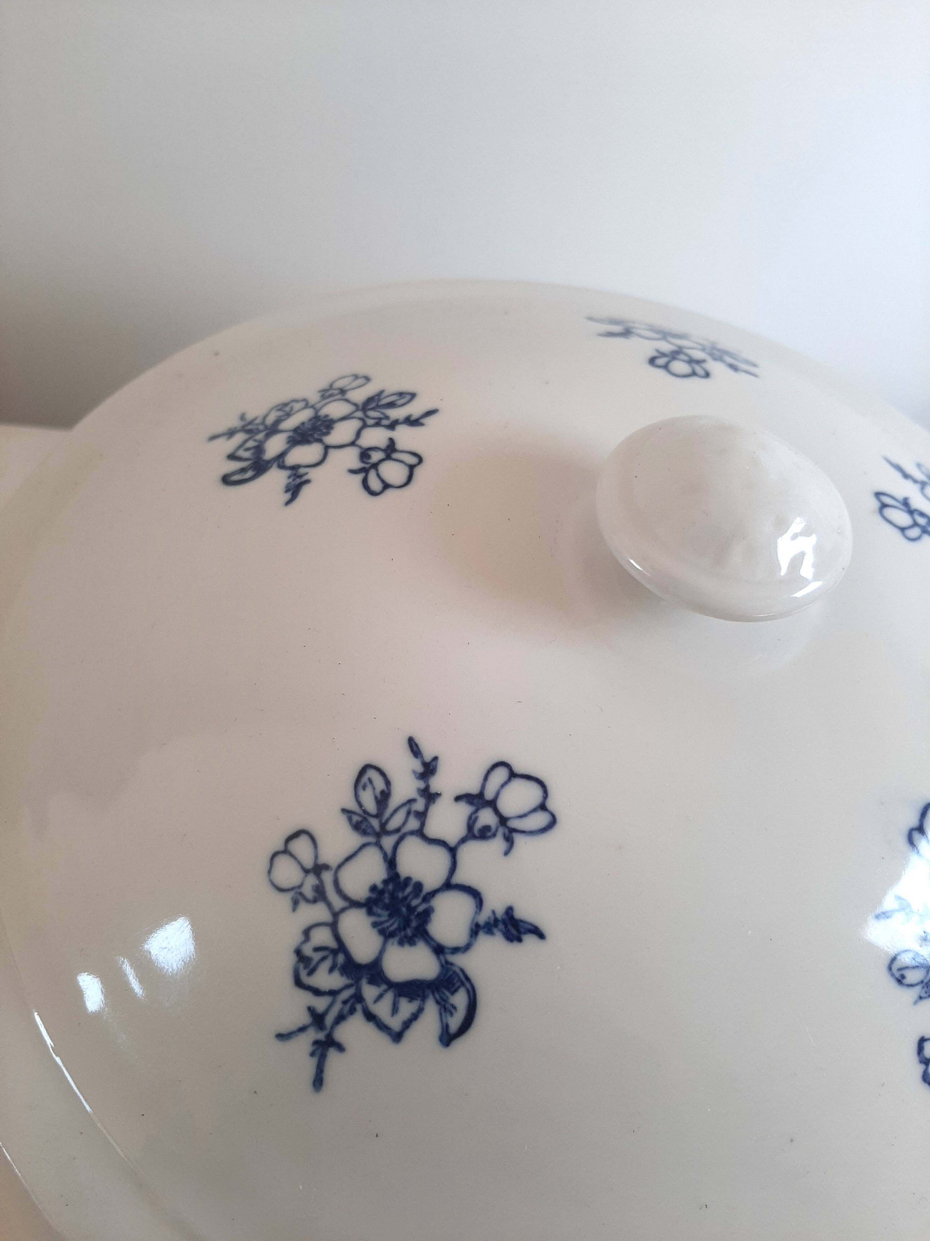 Large soup tureen in Saint Uze earthenware with blue flowers.