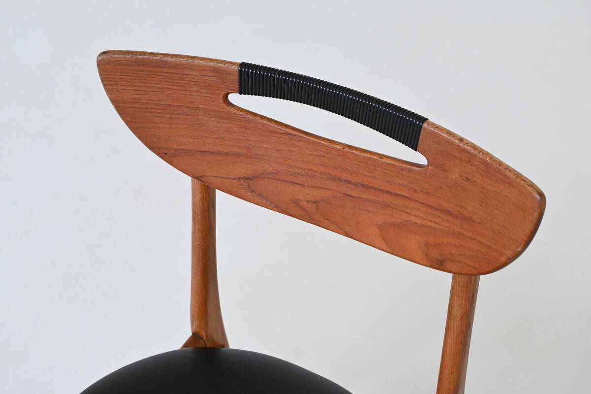 Set of six Danish dining chairs in teak and faux leather Denmark 1960
