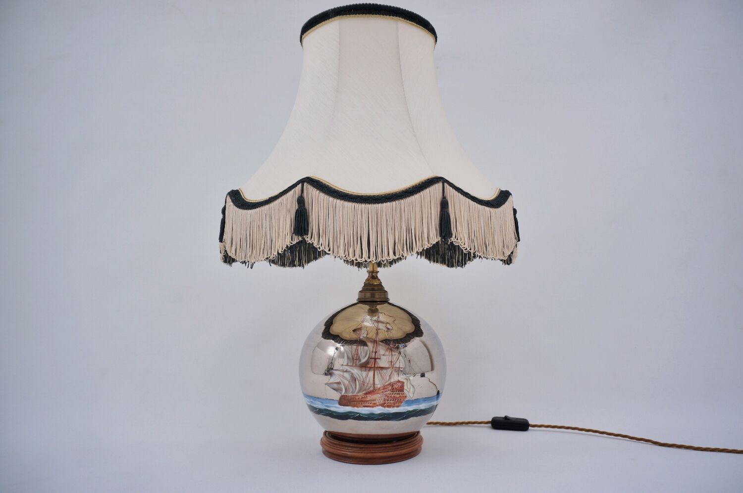 Lampe de table antique en verre mercure, galion et navire, soufflé à la main, années 1920, anglais, recâblé