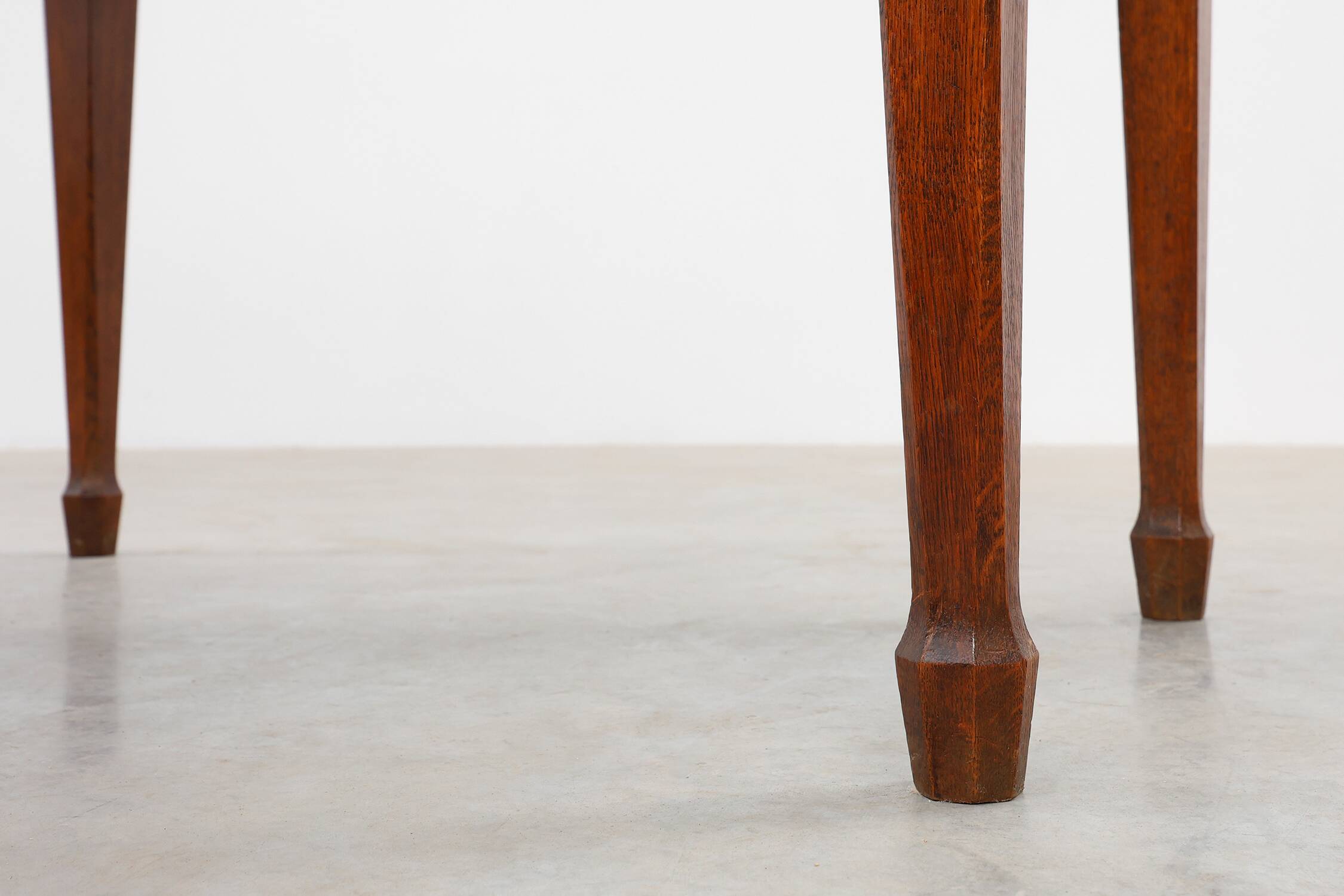 Art Deco carved oak Desk or Table with copper details, Belgium 1920s