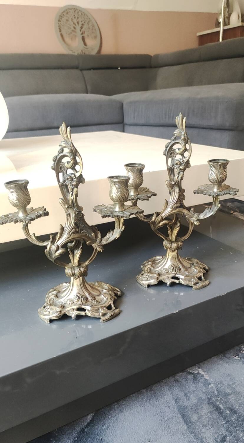 Pair of Candelabra in Louis XV/Rocaille Style, 2 lights. In gilded bronze, 19th century.