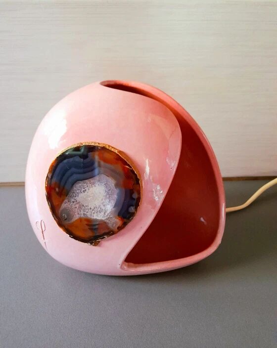 Ceramic lamp and agate slice, 1970