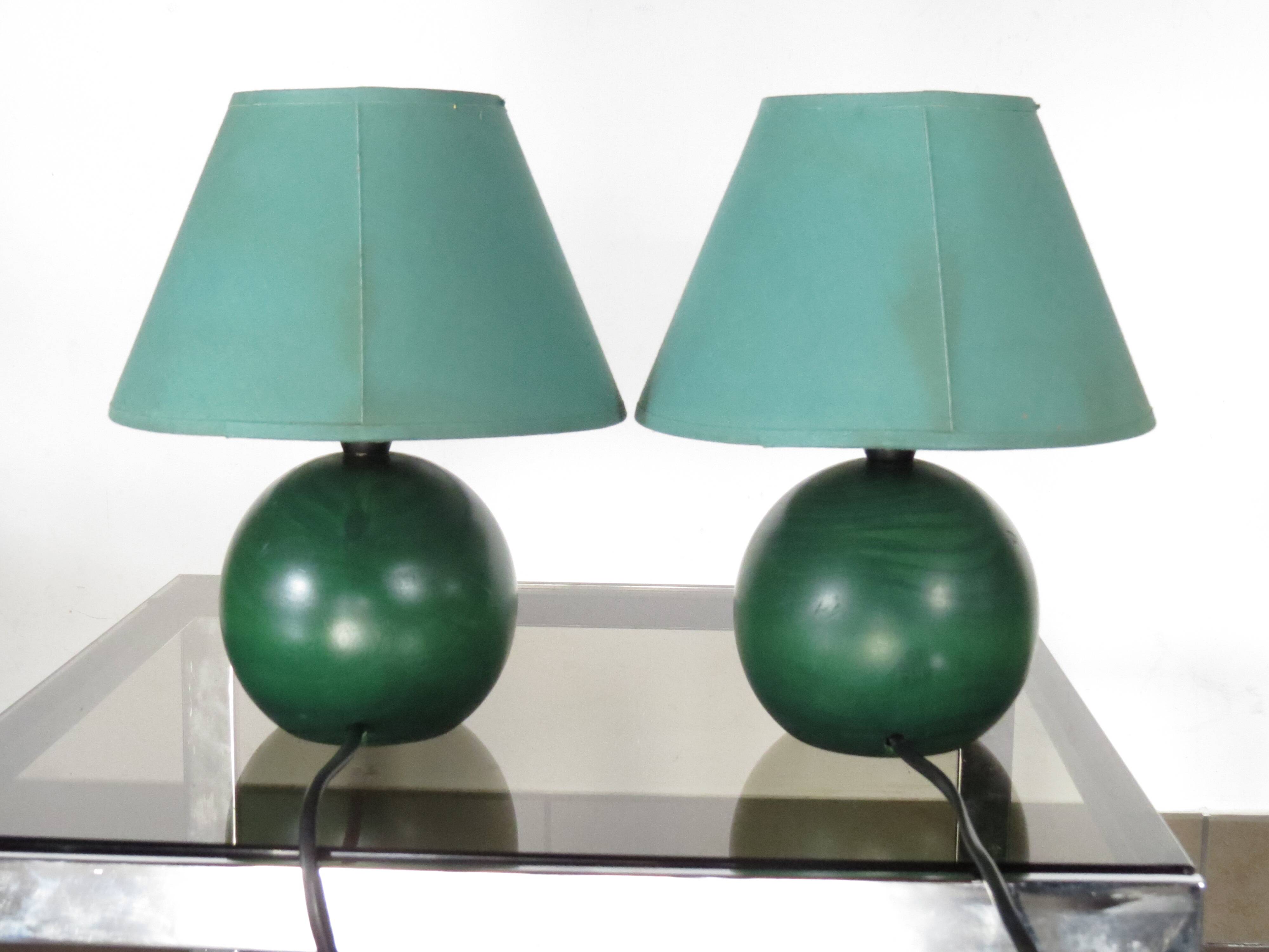 Pair of small green wooden ball lamps