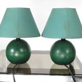 Pair of small green wooden ball lamps