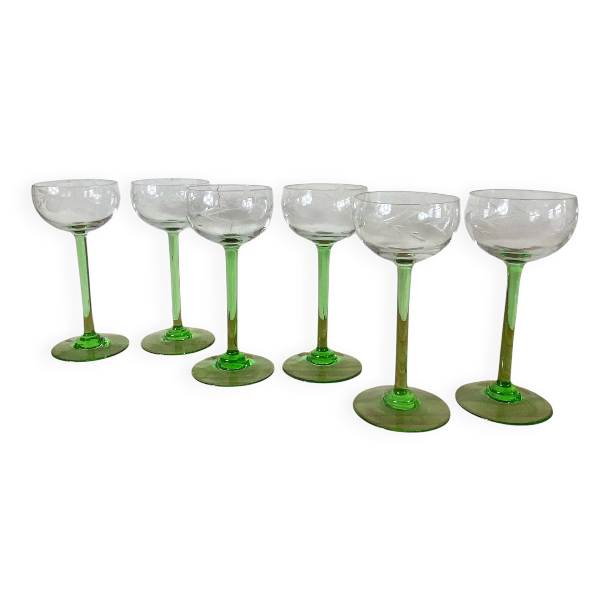 6 Alsace green footed crystal wine glasses engraved
