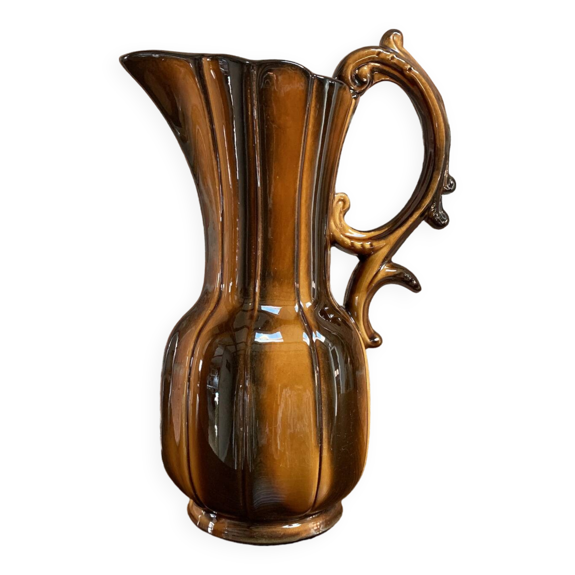 German Pitcher with Vertical Brown Stripes and Rococo Style Handle, Vintage Ceramic Made from Red Cl