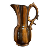 German Pitcher with Vertical Brown Stripes and Rococo Style Handle, Vintage Ceramic Made from Red Cl