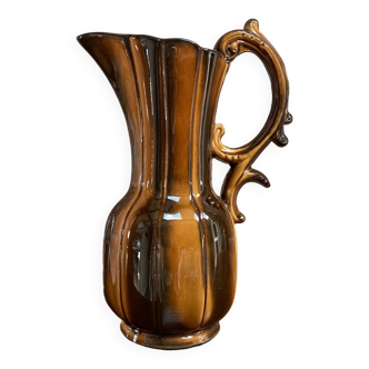 German Pitcher with Vertical Brown Stripes and Rococo Style Handle, Vintage Ceramic Made from Red Cl