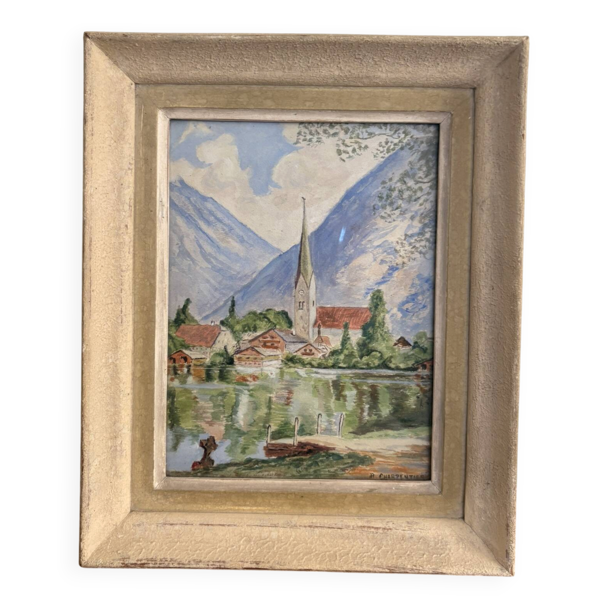 Watercolour Painting of a Village by the Lake Charpentier Mountain
