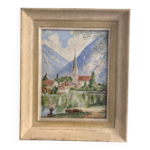 Watercolour Painting of a Village by the Lake Charpentier Mountain