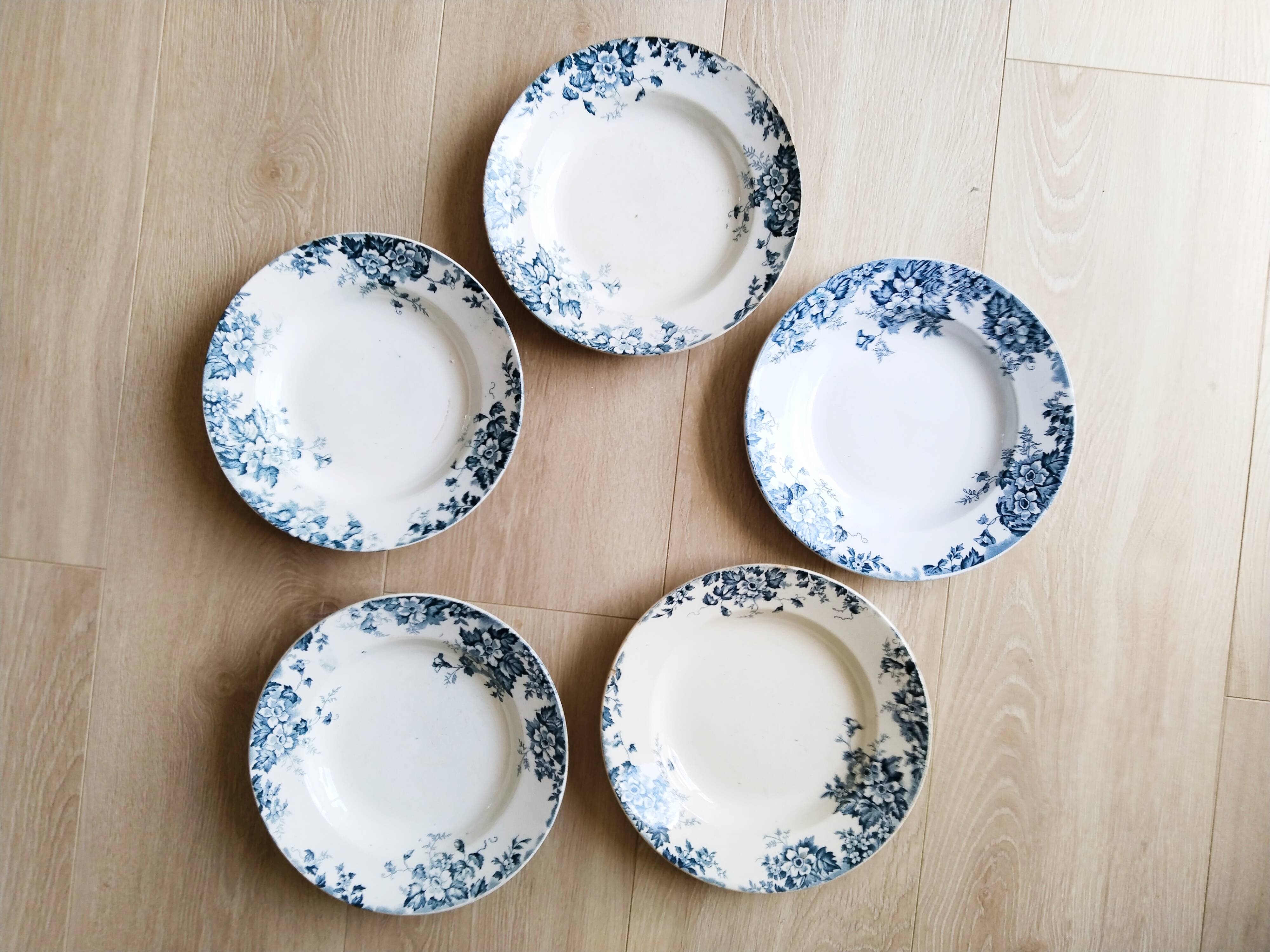 Assiettes creuses ( 5 ) en faïence de Saint Amand et Hamage  , Terre de fer , modèle Marie Louise