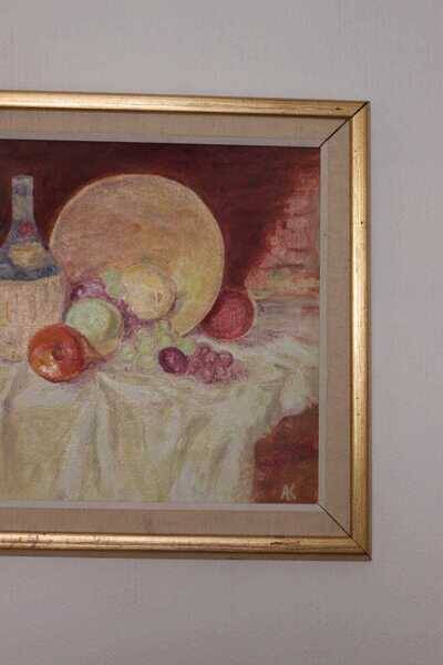 Original Swedish oil on canvas – “Still Life with Fruit and Bottle” by A.K. – vintage & framed – 40 × 48 cm (15.7" × 18.9")