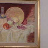 Original Swedish oil on canvas – “Still Life with Fruit and Bottle” by A.K. – vintage & framed – 40 × 48 cm (15.7" × 18.9")