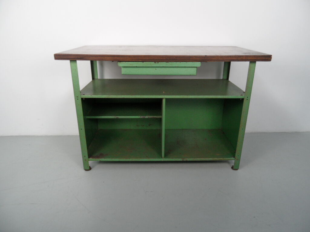 Industrial metal workbench with wooden top 1960s