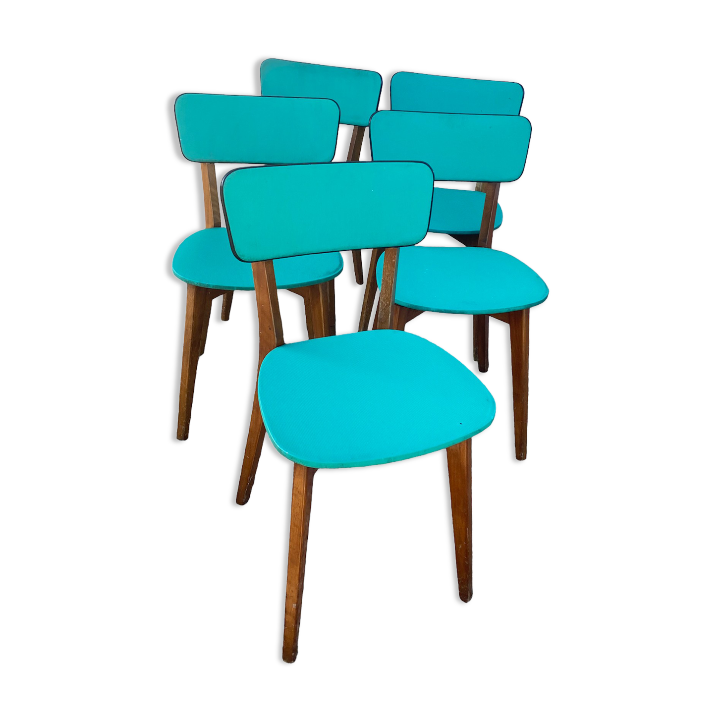 Chaises en skaï pied compas vintage bleu vert