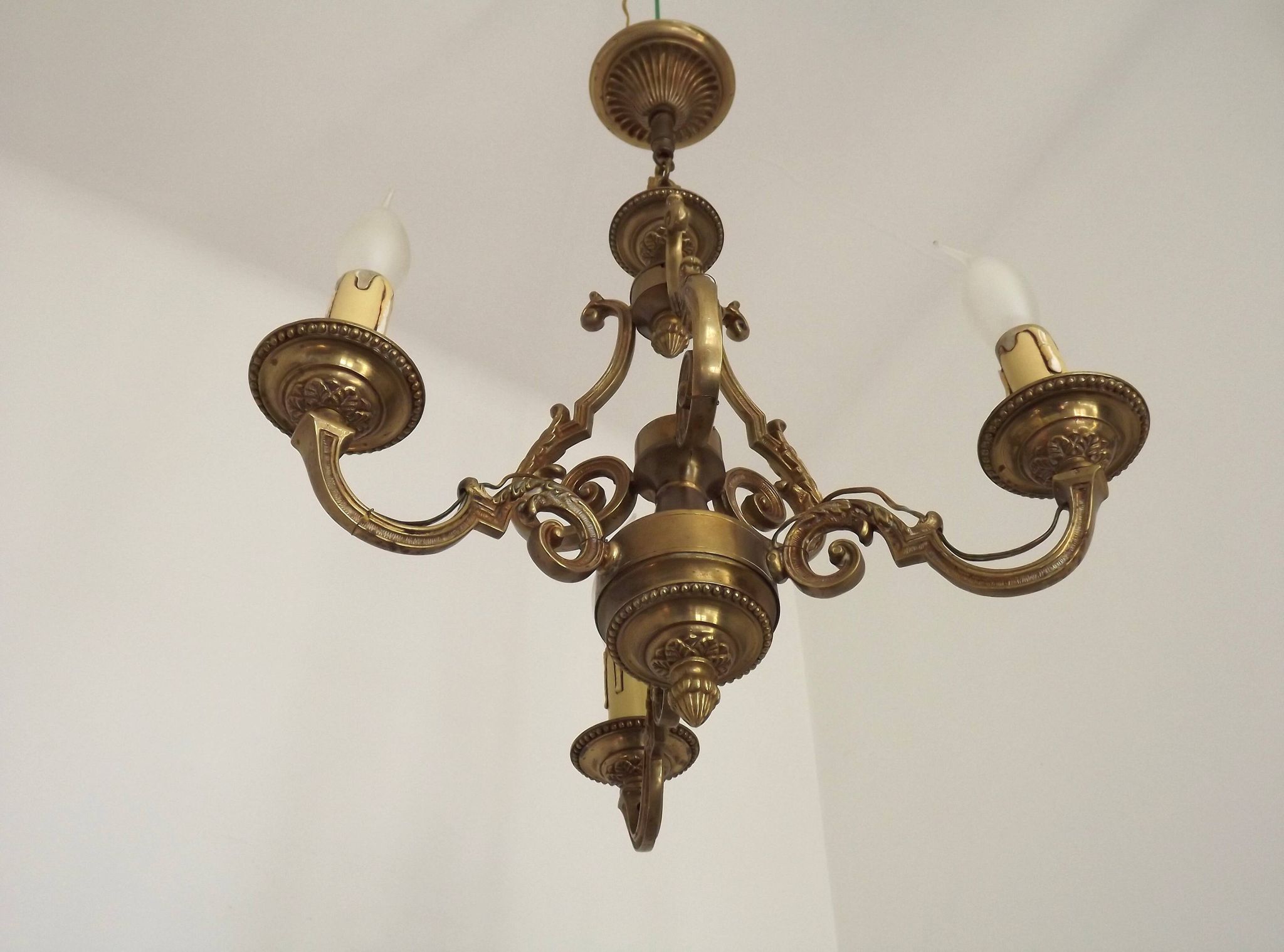 French Vintage Bronze Art Nouveau Style 3-Light 3-Sided Cage Chandelier