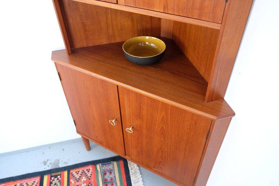 Vintage Danish teak corner cabinet, retro 1960s style.