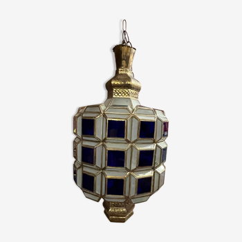 Oriental chandelier Blue glass and brass