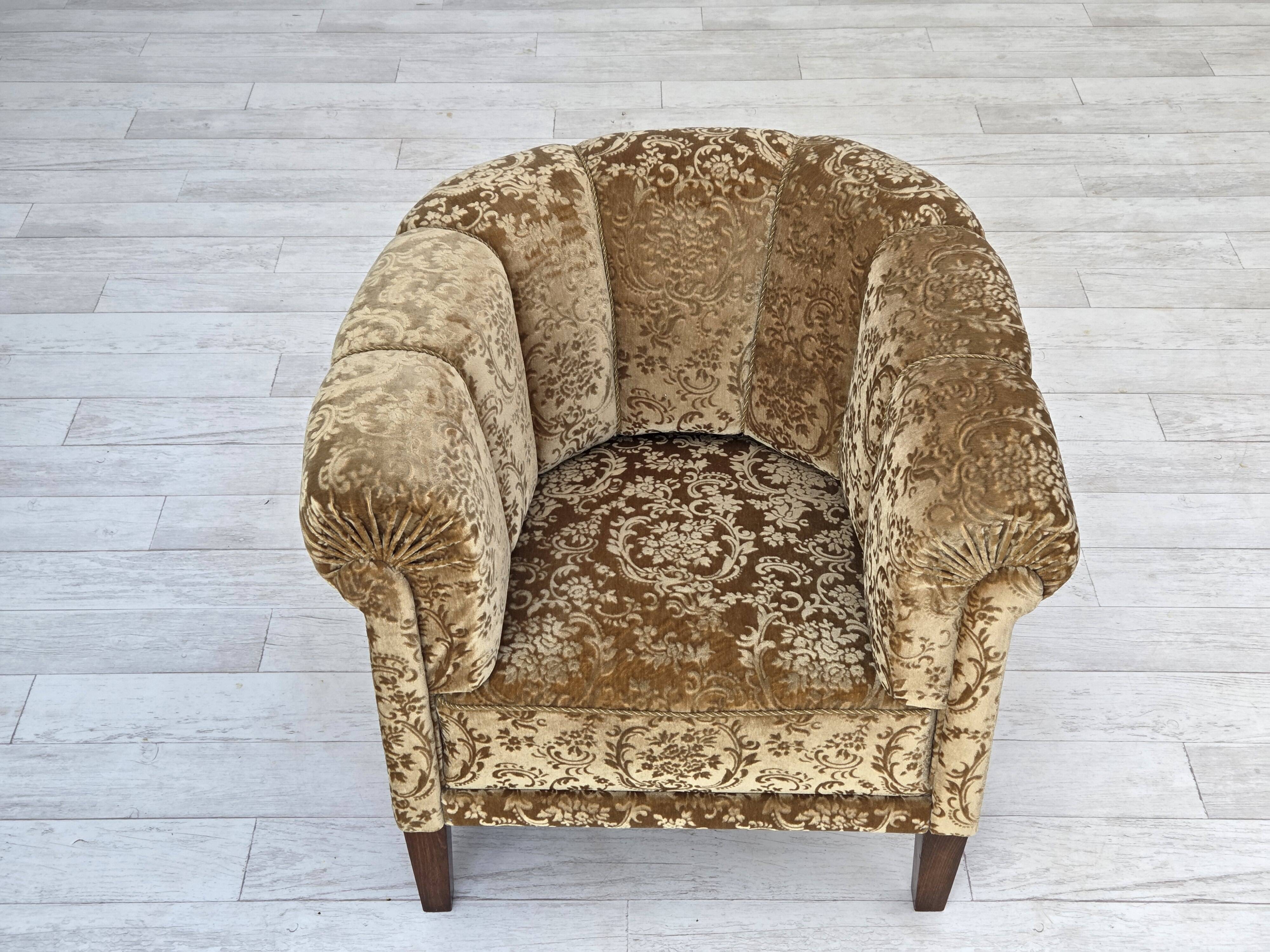 1960s, Danish vintage armchair, green furniture velour, ash wood legs.