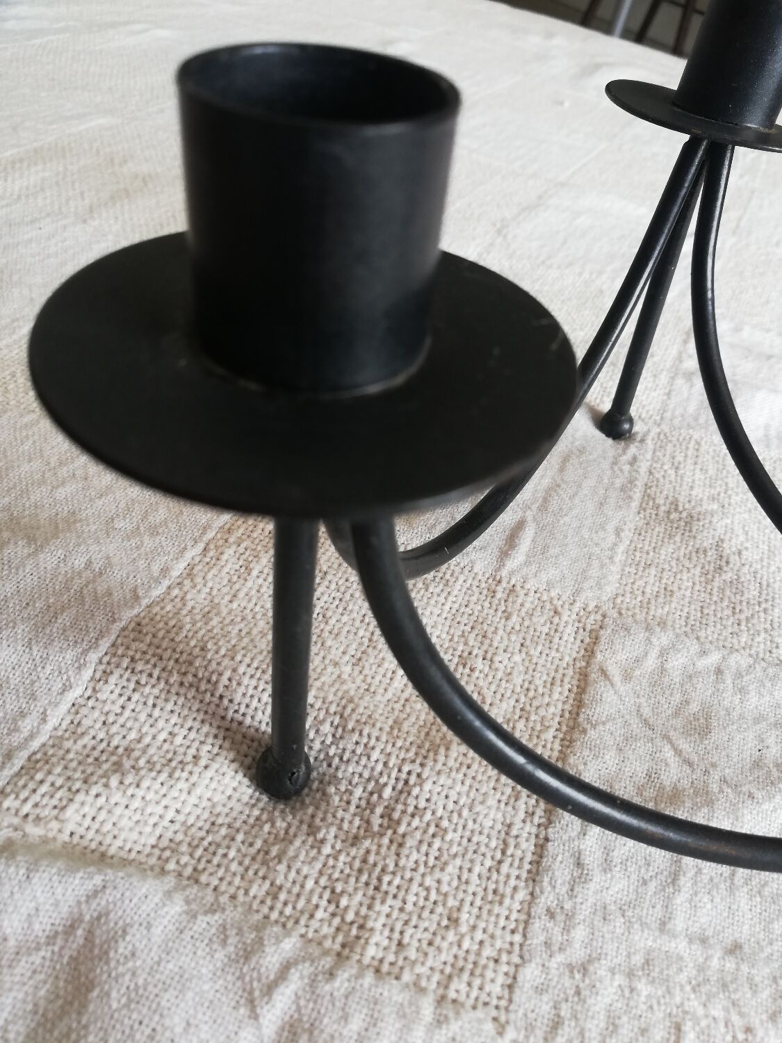 Black candle holder for three wrought iron candles