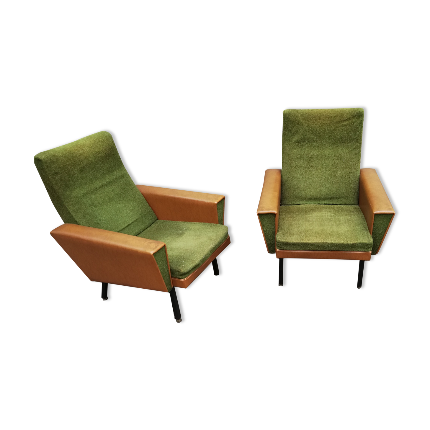 Paire de fauteuils vintage verts et skai marron