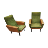 Pair of green vintage armchairs and brown skai