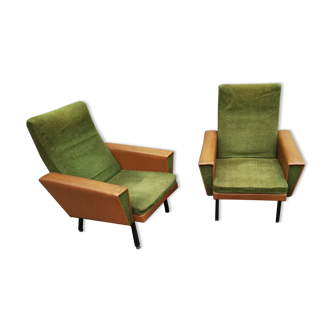 Pair of green vintage armchairs and brown skai