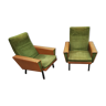 Pair of green vintage armchairs and brown skai