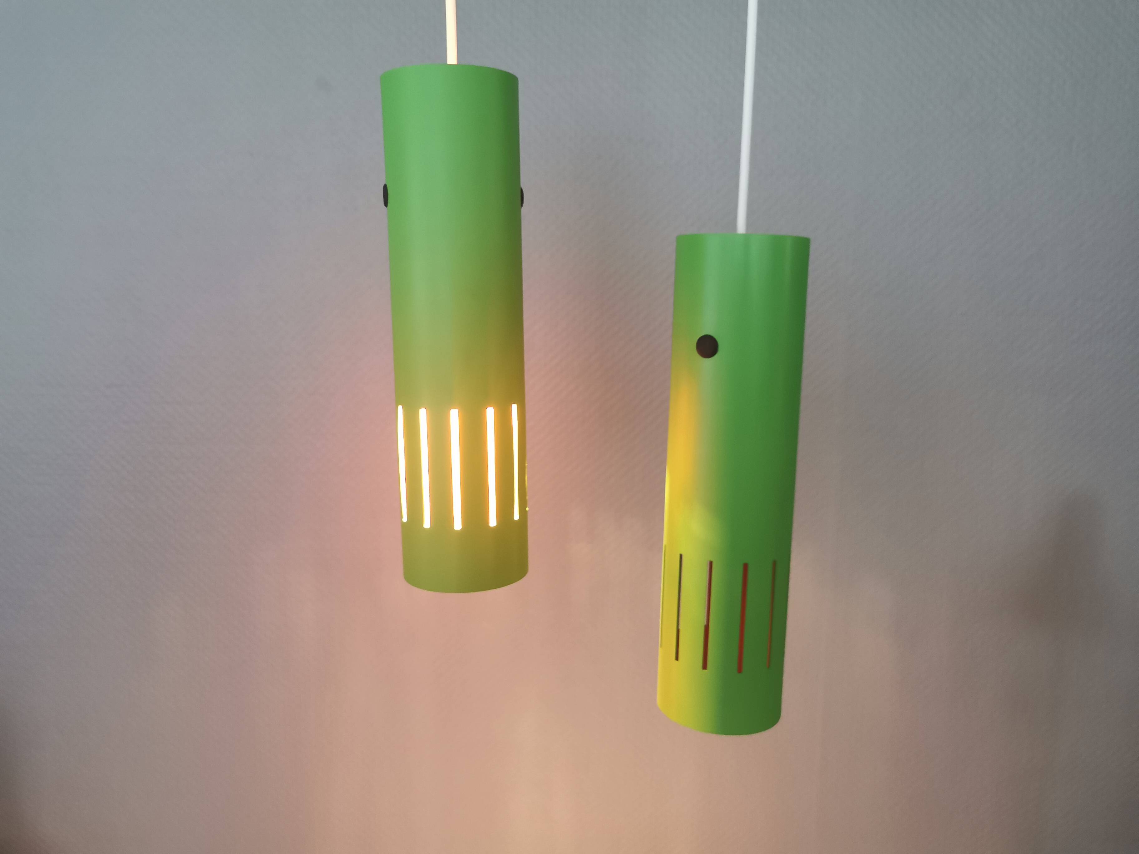 Trombone hanging lamps, refurbished, repainted in beautiful green colours