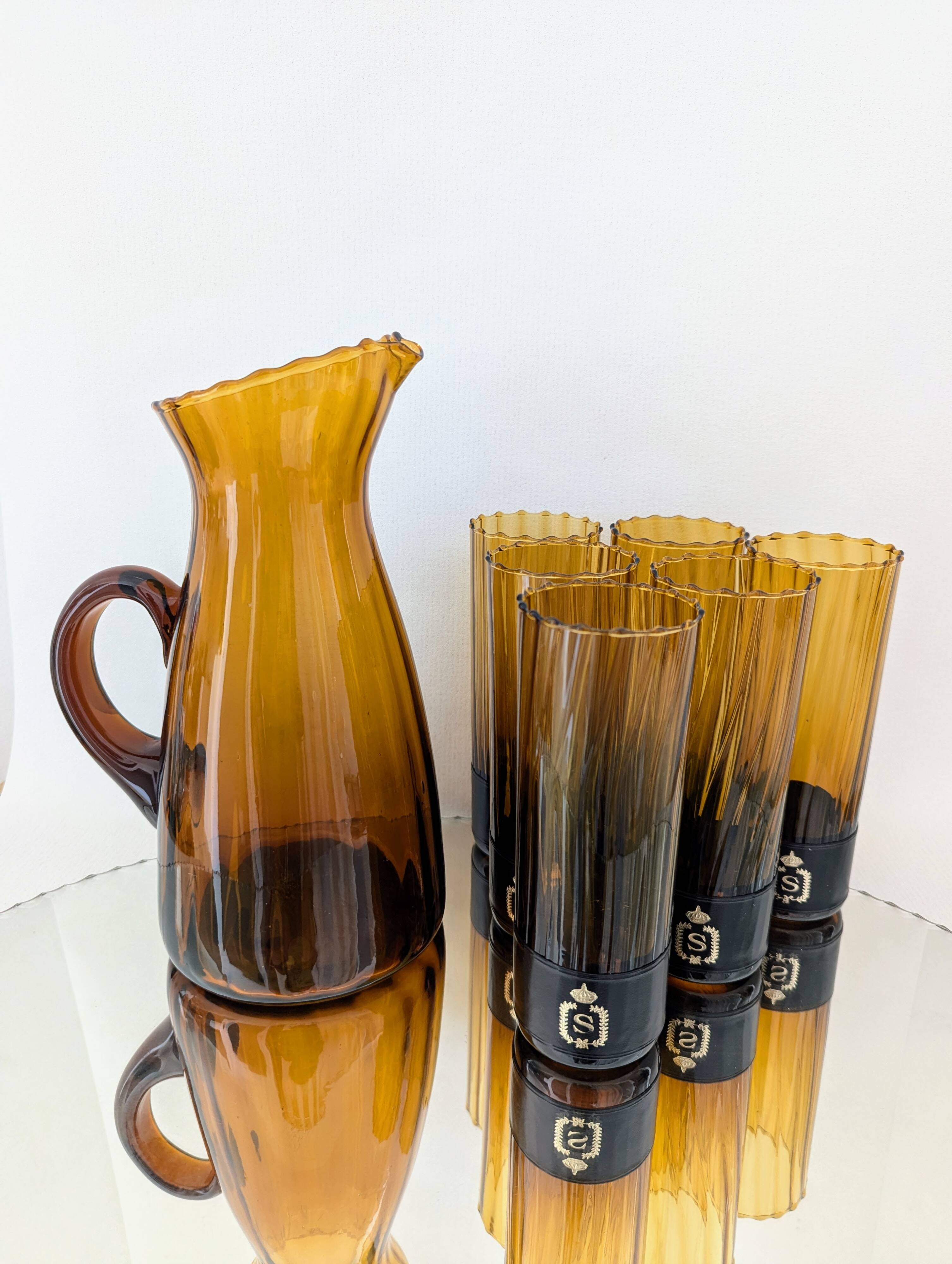 Amber blown glass orangeade set