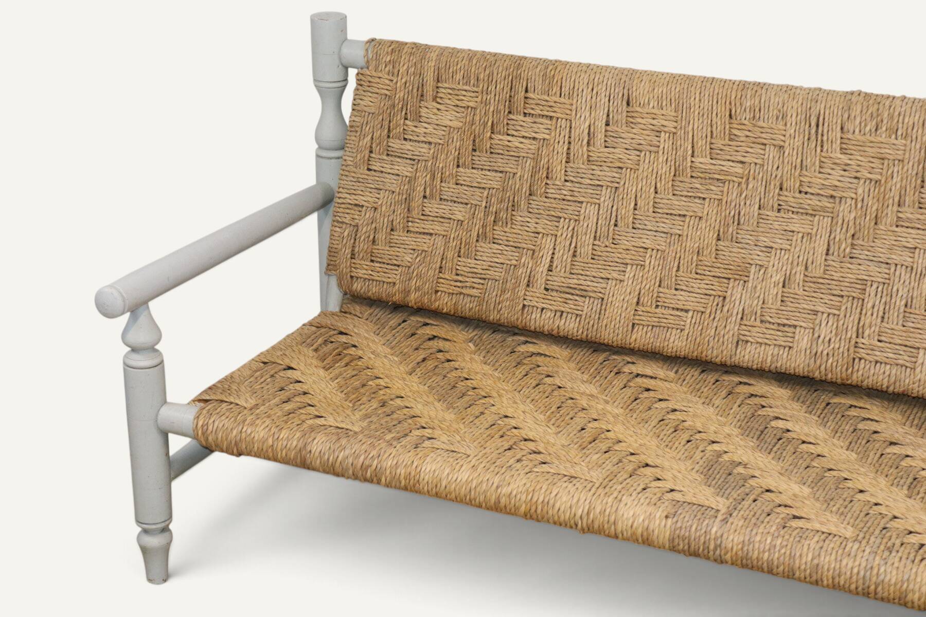 Vintage bench in braided rope and painted wood, 1950s-60s.