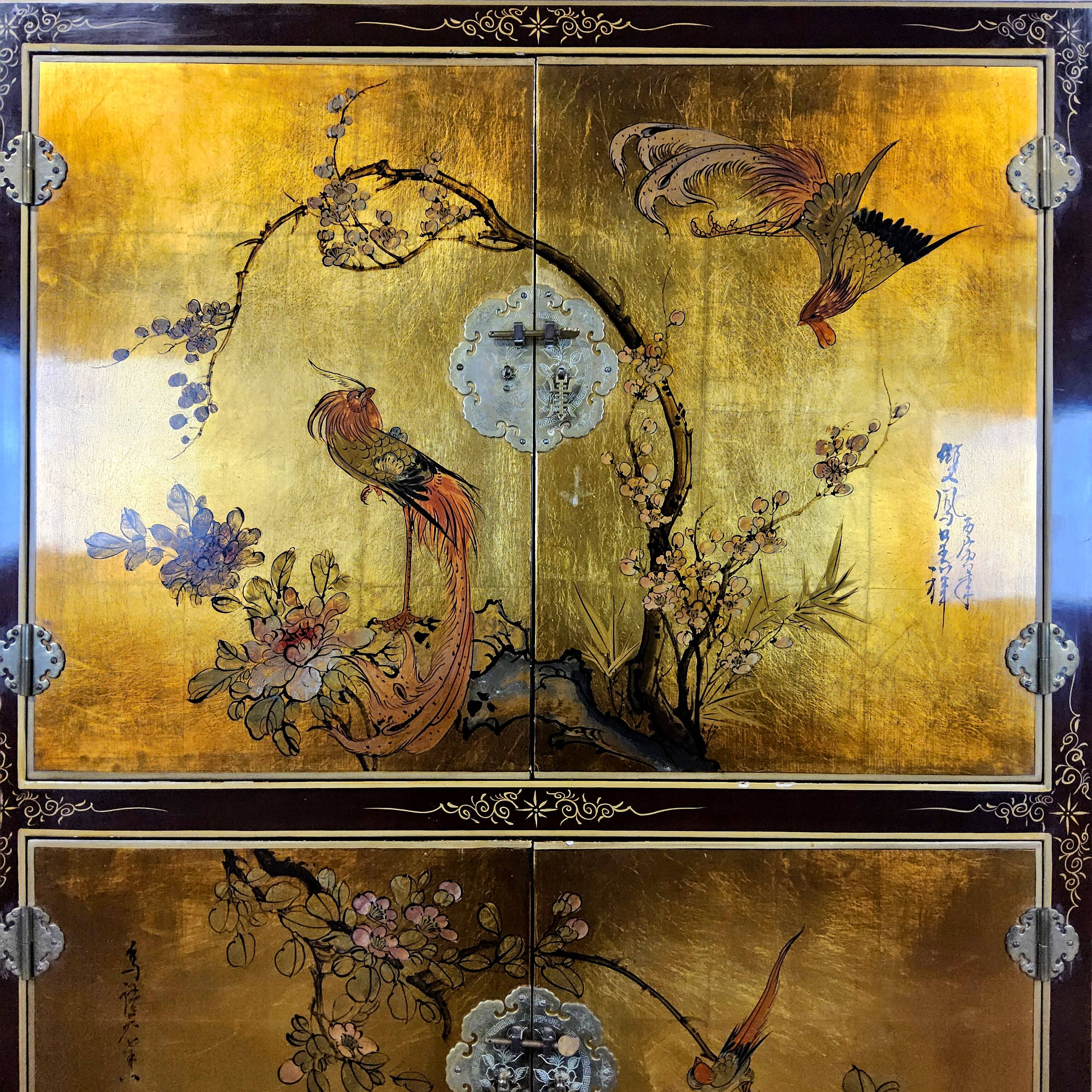 Vintage Chinese cabinet gold leaf / flowers and birds / bohemian