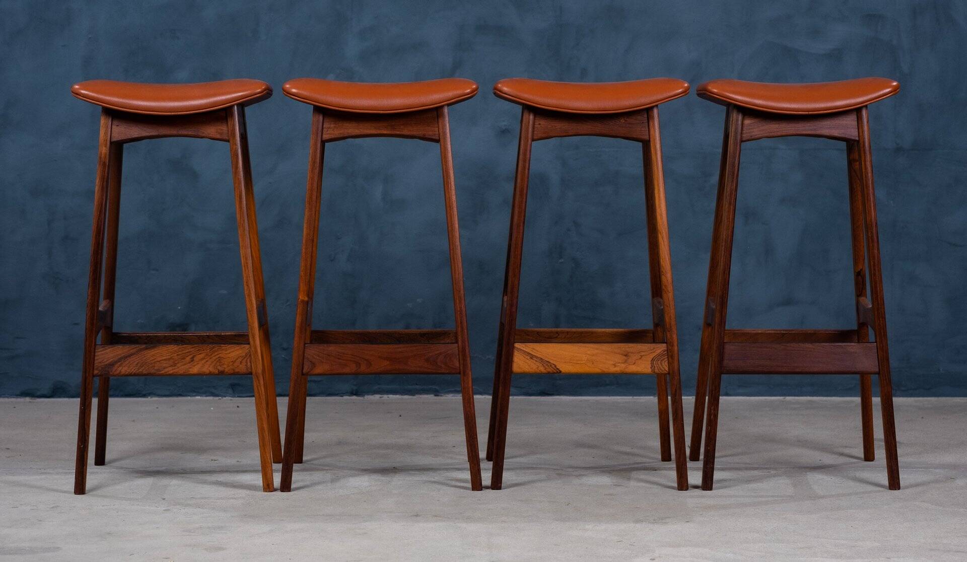 Mid-Century Bar Stools in Rosewood and Leather by Erik Buch for Dyrlund, Set of 4