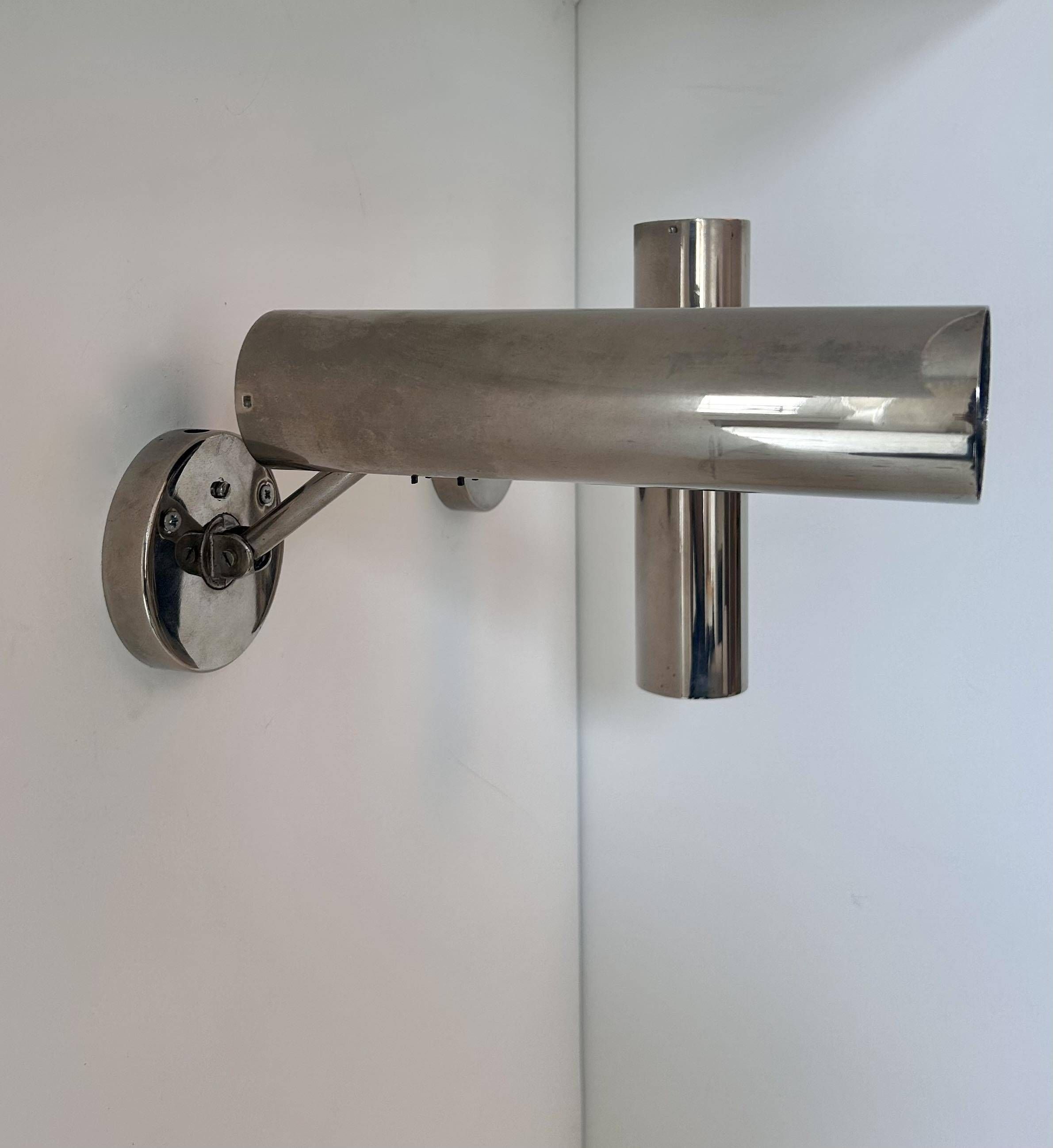 Pair of modernist adjustable wall lights, chrome metal, France 1960