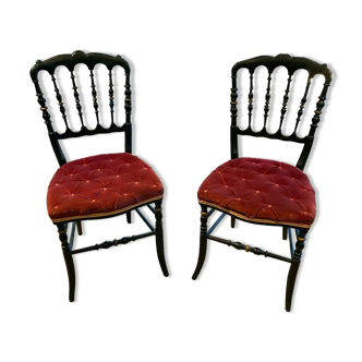 Pair of Napoleon III chairs, raspberry red velvet upholstered seats