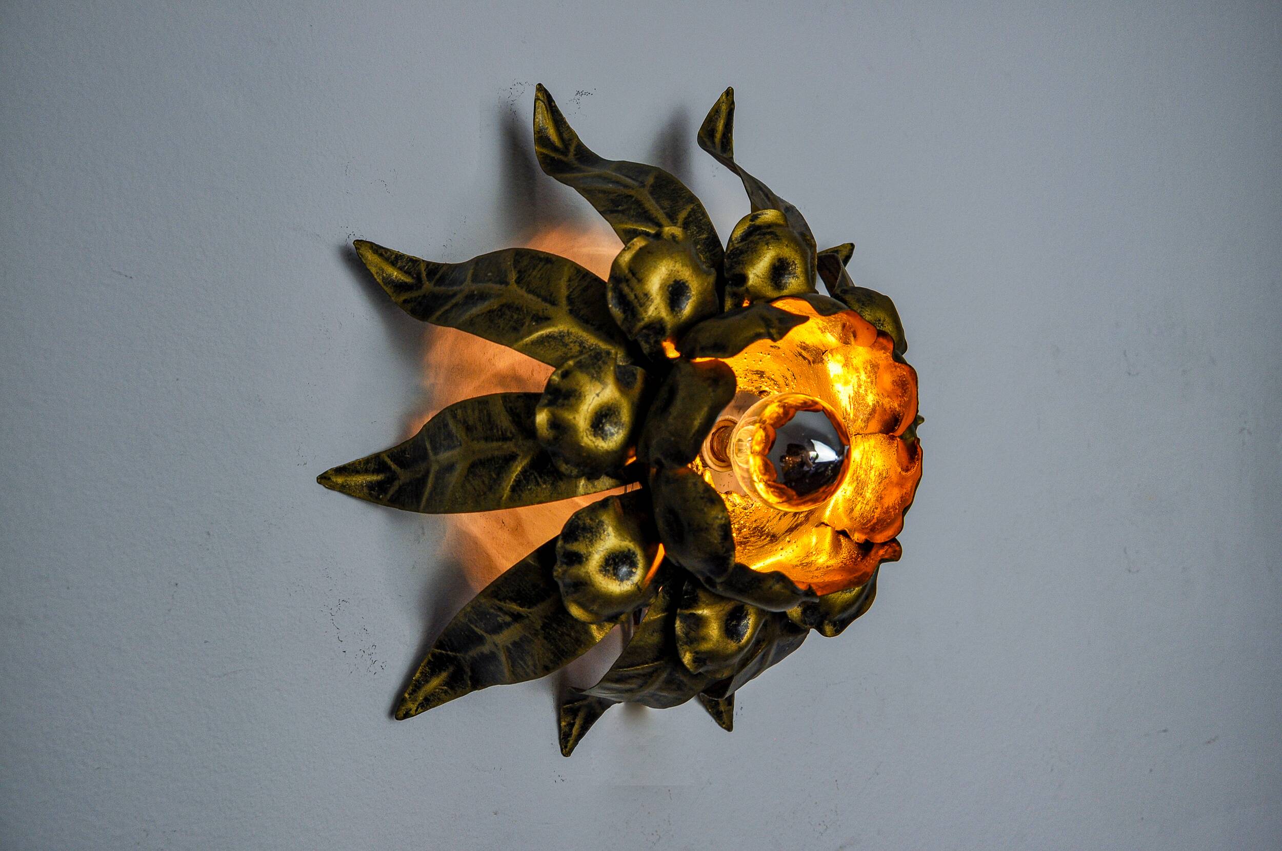 Sun wall lamp by ferro arte, metal and gold leaf, Spain, 1960