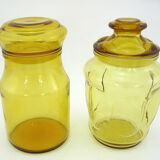 2 amber yellow glass jars - apothecary style pots - vintage 70s